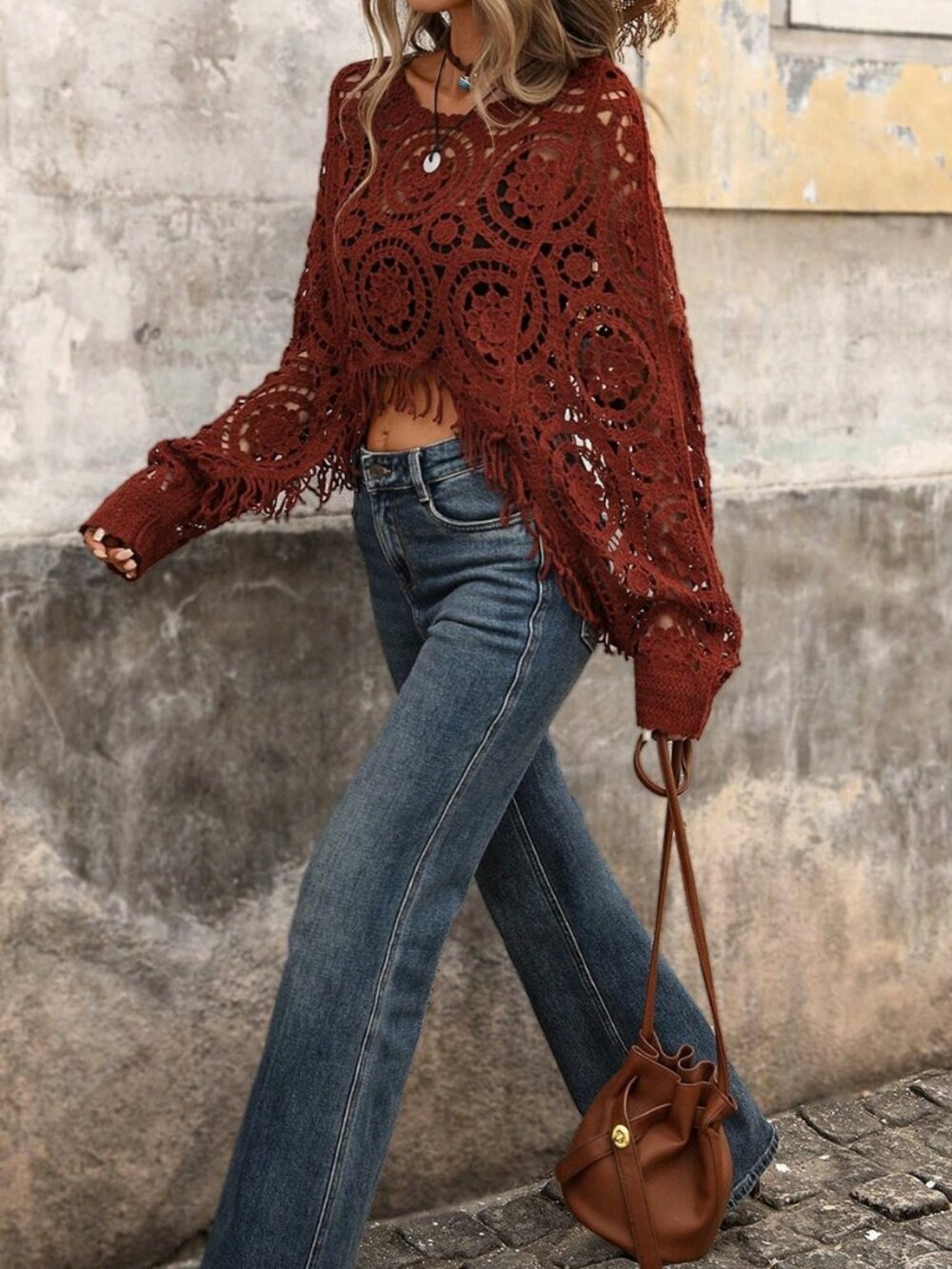 Rust Brown Casual Women's Tasseled Hollow-Out Floral Sweater - Picture 8 of 8